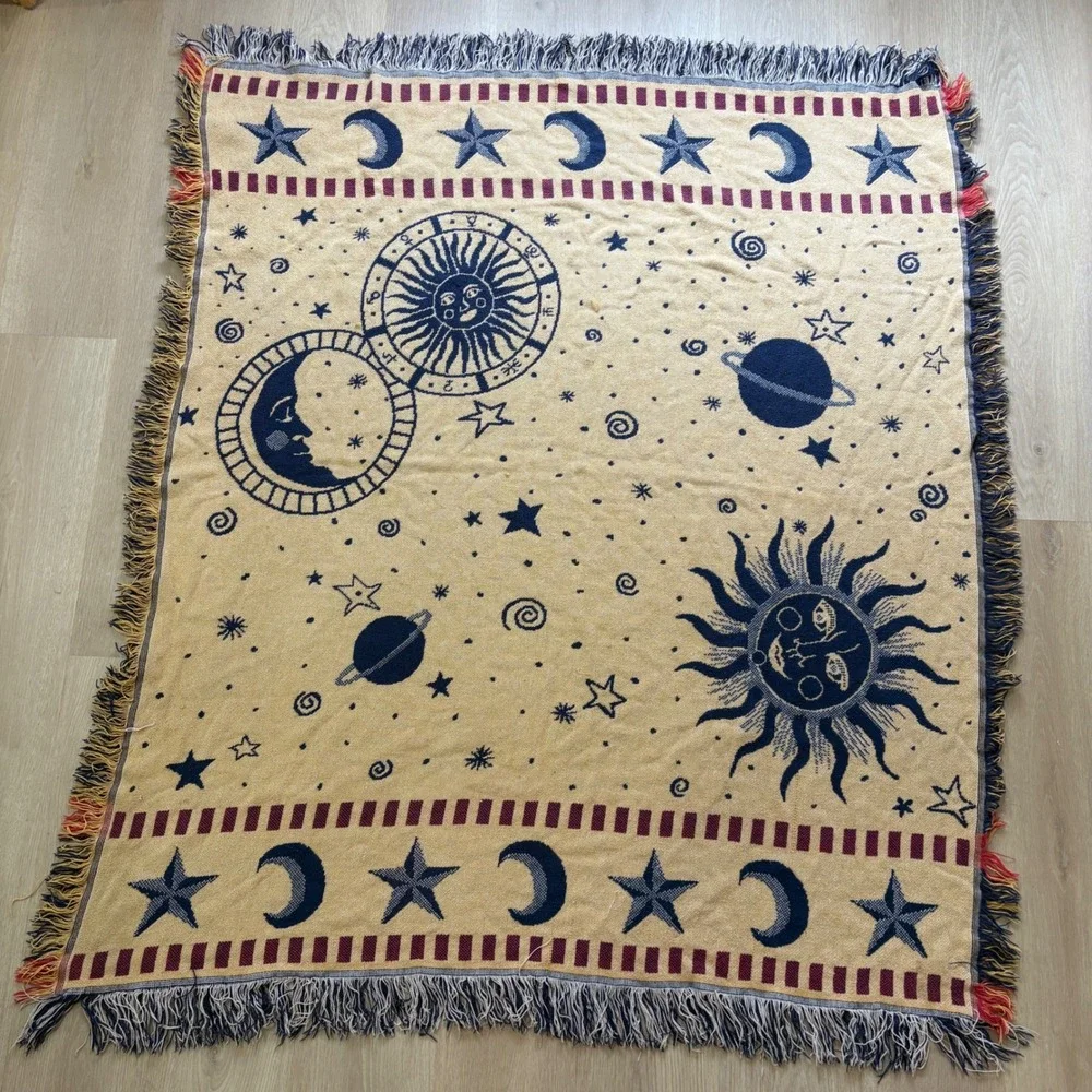 Vintage Celestial Sun Moon Stars Woven Tapestry Throw Blanket Navy Gold 48x60